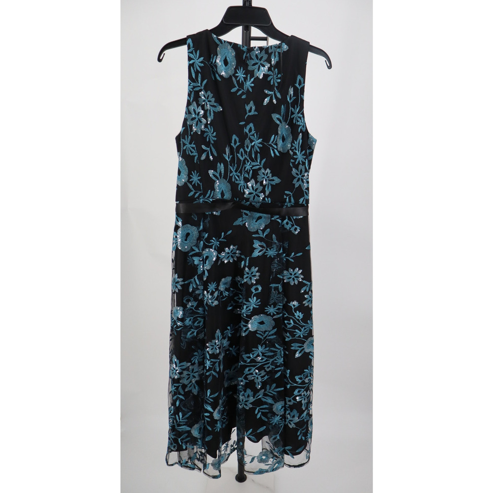 NEW Alex Evenings Midi Dress Teal Black Sequin Floral Tulle Embroidered 14 - Picture 3 of 5